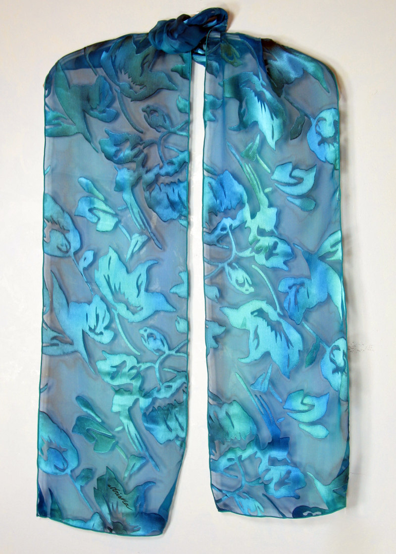 Hand-painted silk/rayon scarf - Aqua turq flower garden